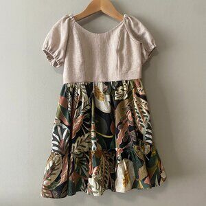 Handmade Children's Linen Rayon Viscose Cotton Cream Multicolour Pattern Dress